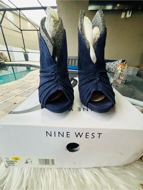 Nine West Navy Suede Ruched Peep-Toe Ankle Boots